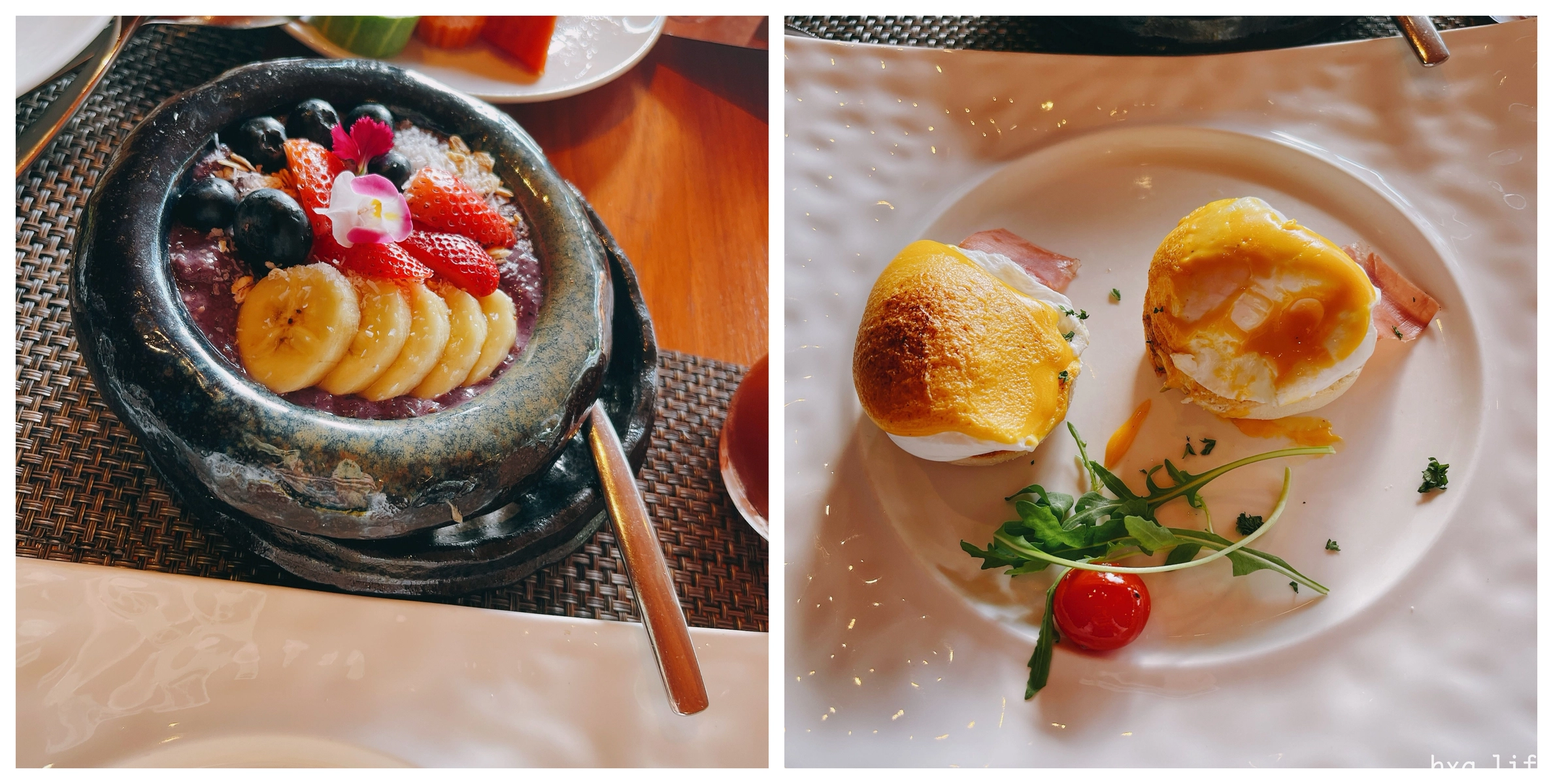 特色早餐班尼迪克蛋，以及我们点的一份「超级食品」(shot by foodie app)